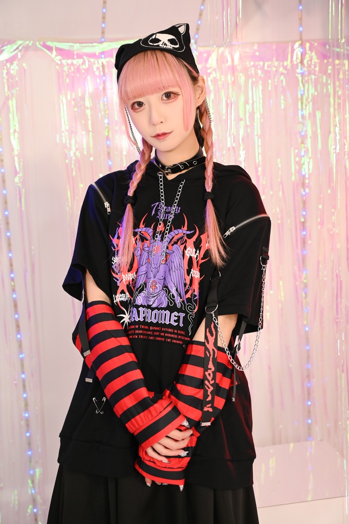 Jillpunk ヘヴィメタル パンクロック 罪悪の讃歌 バフォメット 悪魔角フード付きパーカー ボーダー柄アームカバー加工 半袖カットソーTシャツ オリジナル メンズ レディーズ クール おしゃれ男女兼用カッコいい