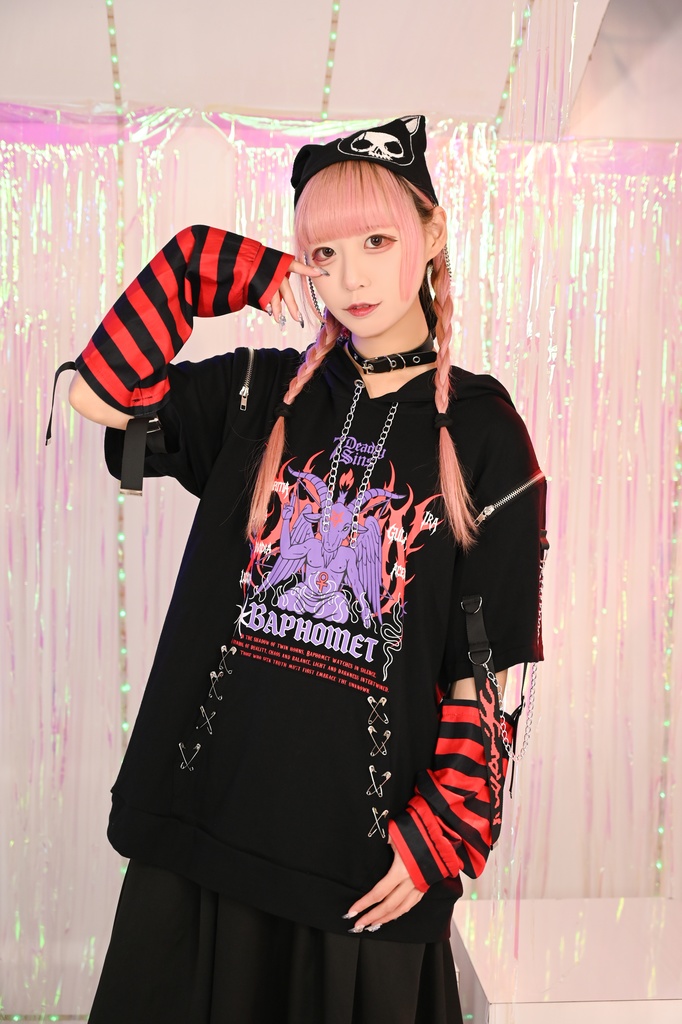 Jillpunk ヘヴィメタル パンクロック 罪悪の讃歌 バフォメット 悪魔角フード付きパーカー ボーダー柄アームカバー加工 半袖カットソーTシャツ オリジナル メンズ レディーズ クール おしゃれ男女兼用カッコいい