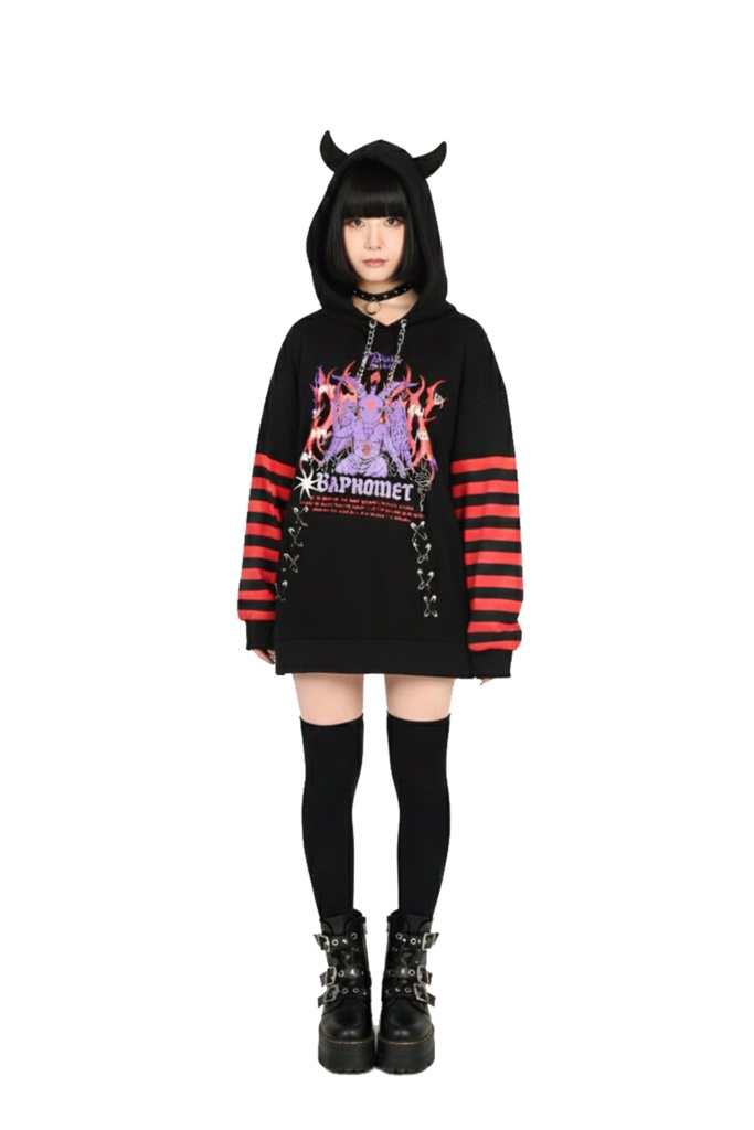 Jillpunk ヘヴィメタル パンクロック 罪悪の讃歌 バフォメット 悪魔角フード付きパーカー ボーダー柄アームカバー加工 半袖カットソーTシャツ オリジナル メンズ レディーズ クール おしゃれ男女兼用カッコいい