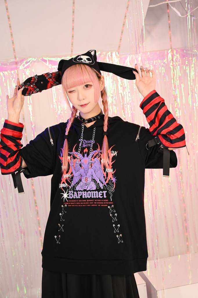 Jillpunk ヘヴィメタル パンクロック 罪悪の讃歌 バフォメット 悪魔角フード付きパーカー ボーダー柄アームカバー加工 半袖カットソーTシャツ オリジナル メンズ レディーズ クール おしゃれ男女兼用カッコいい