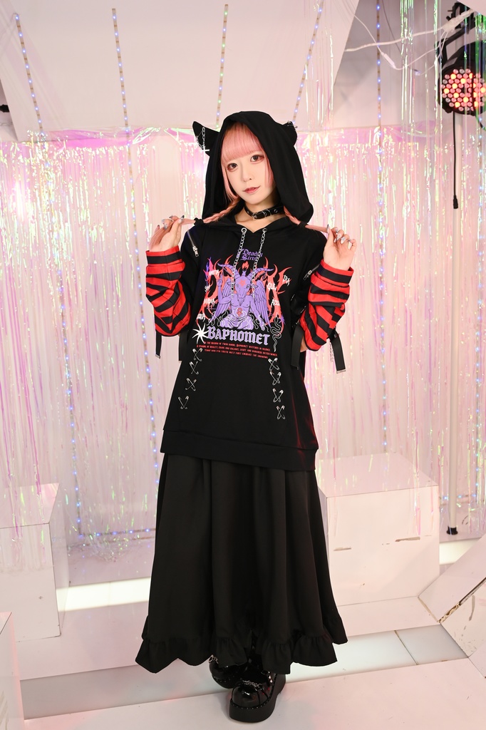 Jillpunk ヘヴィメタル パンクロック 罪悪の讃歌 バフォメット 悪魔角フード付きパーカー ボーダー柄アームカバー加工 半袖カットソーTシャツ オリジナル メンズ レディーズ クール おしゃれ男女兼用カッコいい