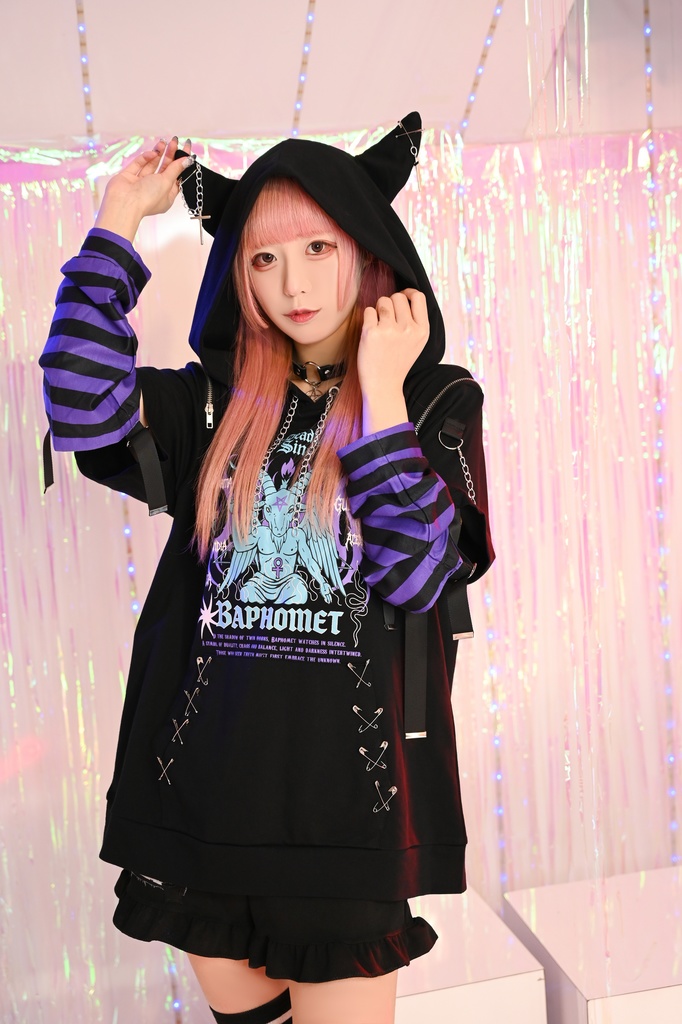 Jillpunk ヘヴィメタル パンクロック 罪悪の讃歌 バフォメット 悪魔角フード付きパーカー ボーダー柄アームカバー加工 半袖カットソーTシャツ オリジナル メンズ レディーズ クール おしゃれ男女兼用カッコいい