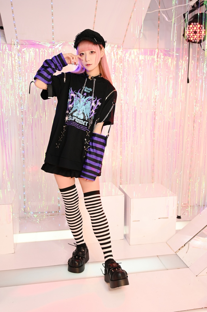 Jillpunk ヘヴィメタル パンクロック 罪悪の讃歌 バフォメット 悪魔角フード付きパーカー ボーダー柄アームカバー加工 半袖カットソーTシャツ オリジナル メンズ レディーズ クール おしゃれ男女兼用カッコいい