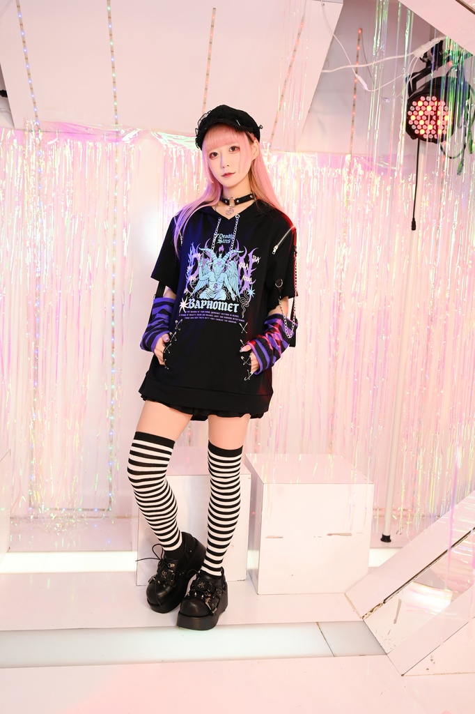 Jillpunk ヘヴィメタル パンクロック 罪悪の讃歌 バフォメット 悪魔角フード付きパーカー ボーダー柄アームカバー加工 半袖カットソーTシャツ オリジナル メンズ レディーズ クール おしゃれ男女兼用カッコいい