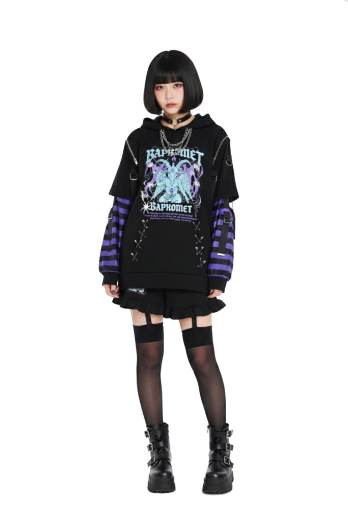 Jillpunk ヘヴィメタル パンクロック 罪悪の讃歌 バフォメット 悪魔角フード付きパーカー ボーダー柄アームカバー加工 半袖カットソーTシャツ オリジナル メンズ レディーズ クール おしゃれ男女兼用カッコいい