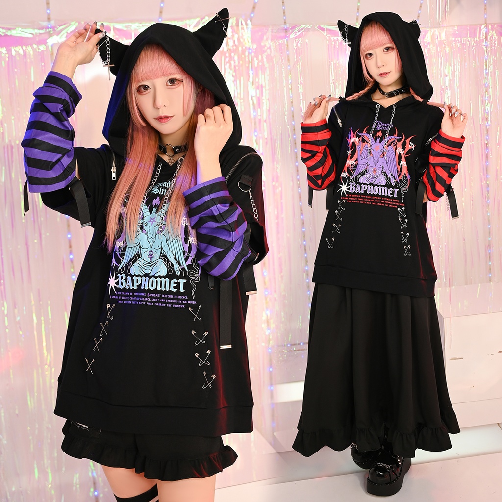 Jillpunk ヘヴィメタル パンクロック 罪悪の讃歌 バフォメット 悪魔角フード付きパーカー ボーダー柄アームカバー加工 半袖カットソーTシャツ オリジナル メンズ レディーズ クール おしゃれ男女兼用カッコいい