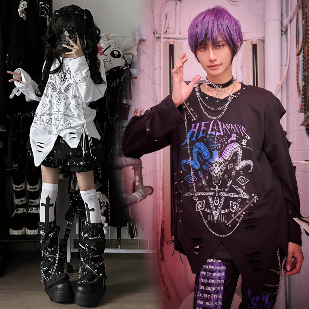 Jillpunk ヘヴィメタル パンクロック 罪悪の讃歌 バフォメット ダメージ加工 漸層グラデ アシンメトリー 長袖Tシャツ カットソー オリジナル メンズ レディーズ クール おしゃれ男女兼用