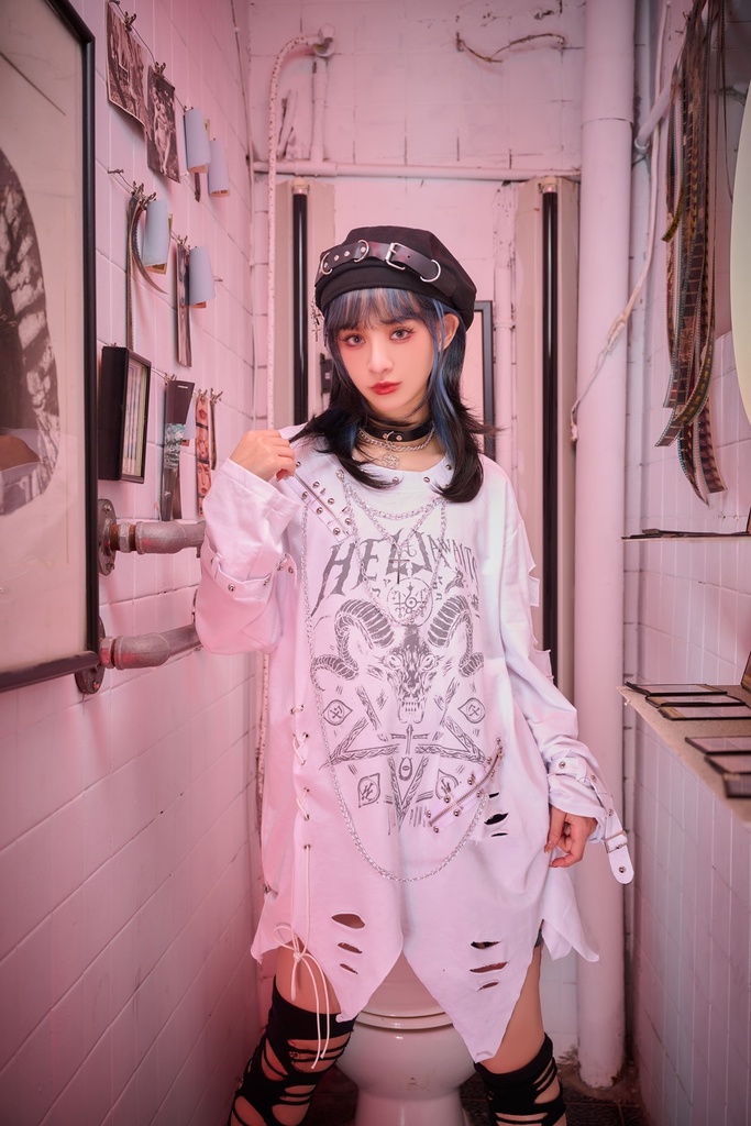 Jillpunk ヘヴィメタル パンクロック 罪悪の讃歌 バフォメット ダメージ加工 漸層グラデ アシンメトリー 長袖Tシャツ カットソー オリジナル メンズ レディーズ クール おしゃれ男女兼用