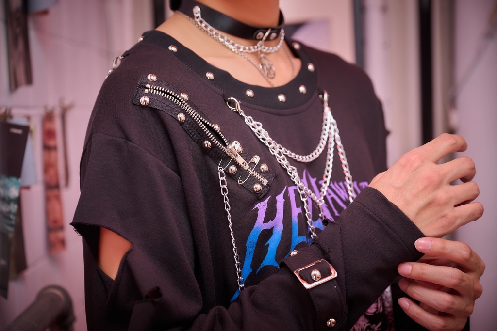 Jillpunk ヘヴィメタル パンクロック 罪悪の讃歌 バフォメット ダメージ加工 漸層グラデ アシンメトリー 長袖Tシャツ カットソー オリジナル メンズ レディーズ クール おしゃれ男女兼用