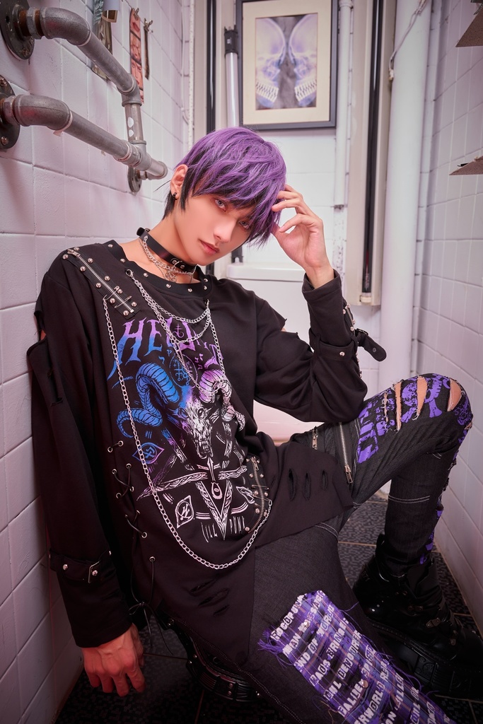 Jillpunk ヘヴィメタル パンクロック 罪悪の讃歌 バフォメット ダメージ加工 漸層グラデ アシンメトリー 長袖Tシャツ カットソー オリジナル メンズ レディーズ クール おしゃれ男女兼用