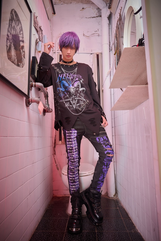 Jillpunk ヘヴィメタル パンクロック 罪悪の讃歌 バフォメット ダメージ加工 漸層グラデ アシンメトリー 長袖Tシャツ カットソー オリジナル メンズ レディーズ クール おしゃれ男女兼用