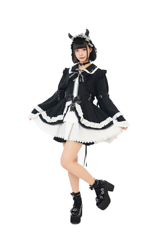 Jillpunk 地雷系 ダーク ゴシックロリータ 吸血鬼学園 リボンタイ付き 姫袖ブラウスワンピース フリルヘム 長袖ドレス ショーパン2点セット オリジナル 姫系 可愛い おしゃれ ファッション萌え 秋葉原