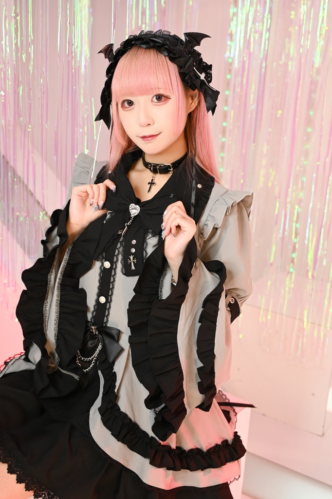 Jillpunk 地雷系 ダーク ゴシックロリータ 吸血鬼学園 リボンタイ付き 姫袖ブラウスワンピース フリルヘム 長袖ドレス ショーパン2点セット オリジナル 姫系 可愛い おしゃれ ファッション萌え 秋葉原