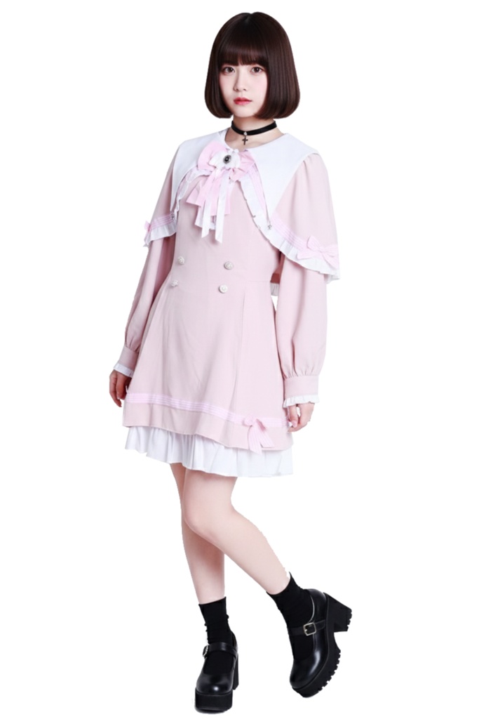 Jillpunk アニメ界隈 ゆめかわ ロリータ 恋愛魔法陣 丸襟 リボン付き フリル 長袖ワンピース+刺繍入りケープ ドレスセット2点 オリジナル 可愛い おしゃれ ファッション萌え 秋葉原