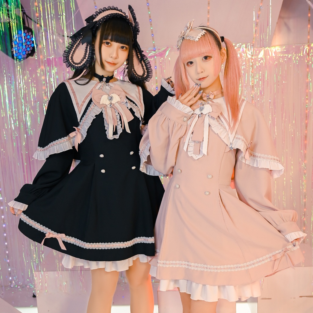 Jillpunk アニメ界隈 ゆめかわ ロリータ 恋愛魔法陣 丸襟 リボン付き フリル 長袖ワンピース＋刺繍入りケープ ドレスセット2点 オリジナル 可愛い おしゃれ ファッション萌え 秋葉原