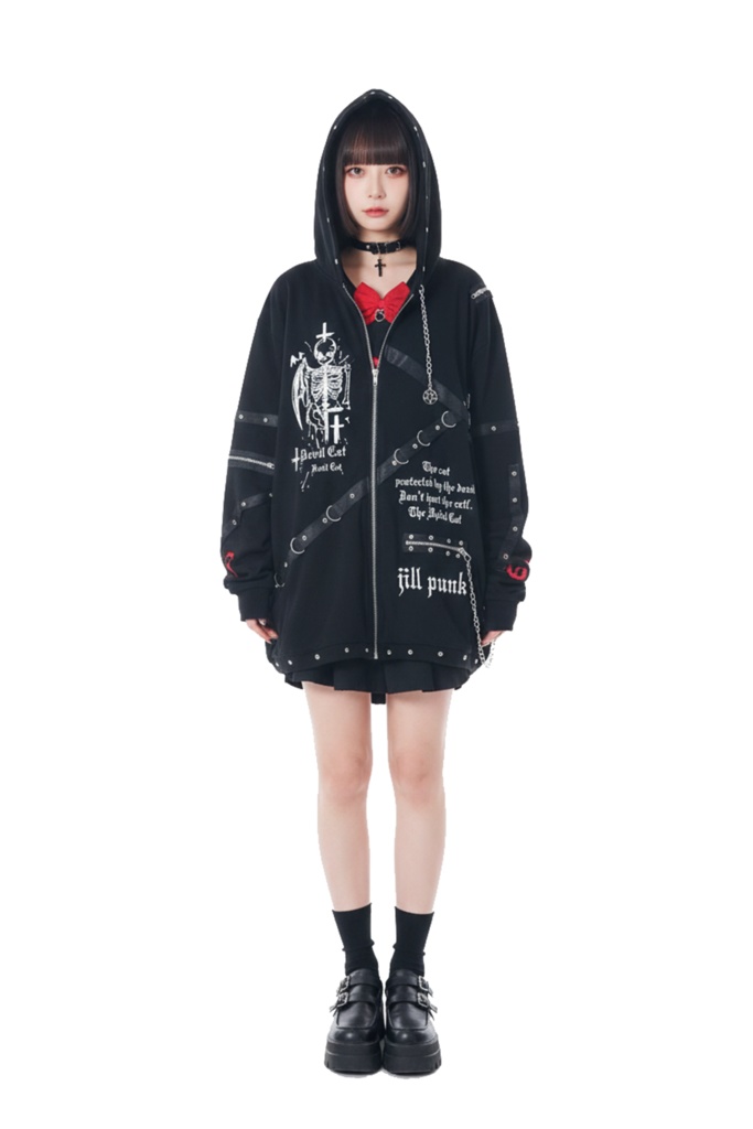 Jillpunk ダークアニメ風 ヘヴィメタル パンクロック 骸骨聖約 メタルパーツ 鎖チェーン付き 悪魔羽パーカー フード付きジャケット オリジナル メンズ レディーズ クール おしゃれ男女兼用カッコいい ファッション