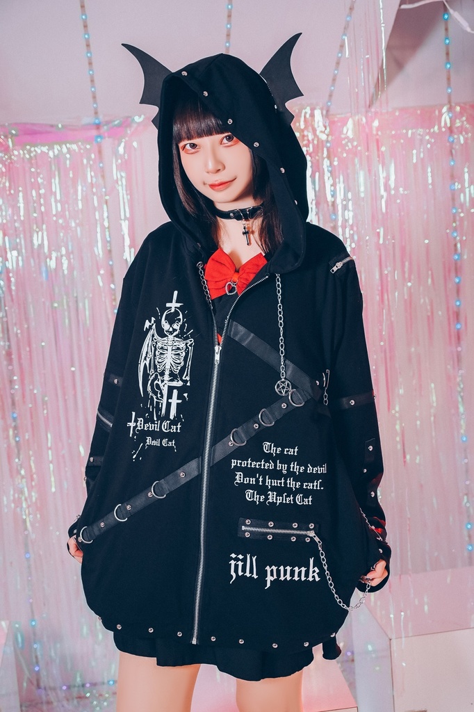 Jillpunk ダークアニメ風 ヘヴィメタル パンクロック 骸骨聖約 メタルパーツ 鎖チェーン付き 悪魔羽パーカー フード付きジャケット オリジナル メンズ レディーズ クール おしゃれ男女兼用カッコいい ファッション