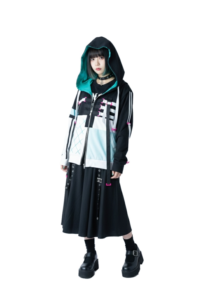 Jillpunk 台湾画師柴染コラボ 東方浮夢録 和洋折衷 妖狐神龍 配色 非対称 メッシュ切替 尻尾付き スウェットパーカー フード付きジャケット オリジナル おしゃれ 男女兼用ファッション秋葉系