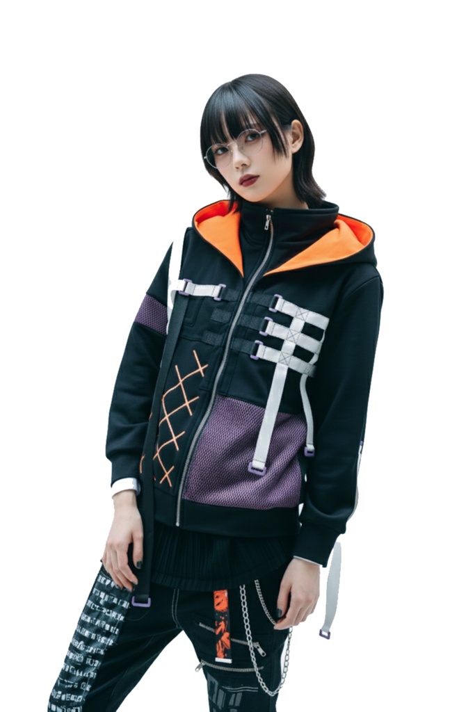 Jillpunk 台湾画師柴染コラボ 東方浮夢録 和洋折衷 妖狐神龍 配色 非対称 メッシュ切替 尻尾付き スウェットパーカー フード付きジャケット オリジナル おしゃれ 男女兼用ファッション秋葉系