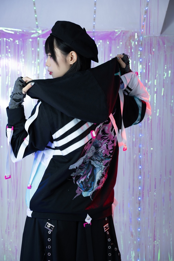 Jillpunk 台湾画師柴染コラボ 東方浮夢録 和洋折衷 妖狐神龍 配色 非対称 メッシュ切替 尻尾付き スウェットパーカー フード付きジャケット オリジナル おしゃれ 男女兼用ファッション秋葉系