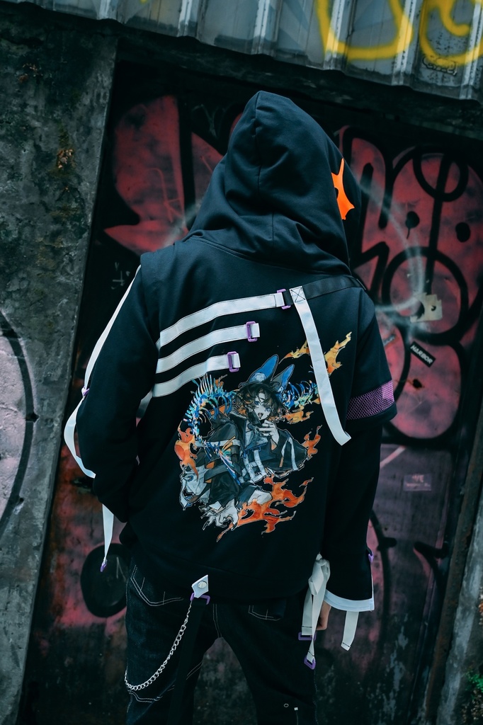 Jillpunk 台湾画師柴染コラボ 東方浮夢録 和洋折衷 妖狐神龍 配色 非対称 メッシュ切替 尻尾付き スウェットパーカー フード付きジャケット オリジナル おしゃれ 男女兼用ファッション秋葉系