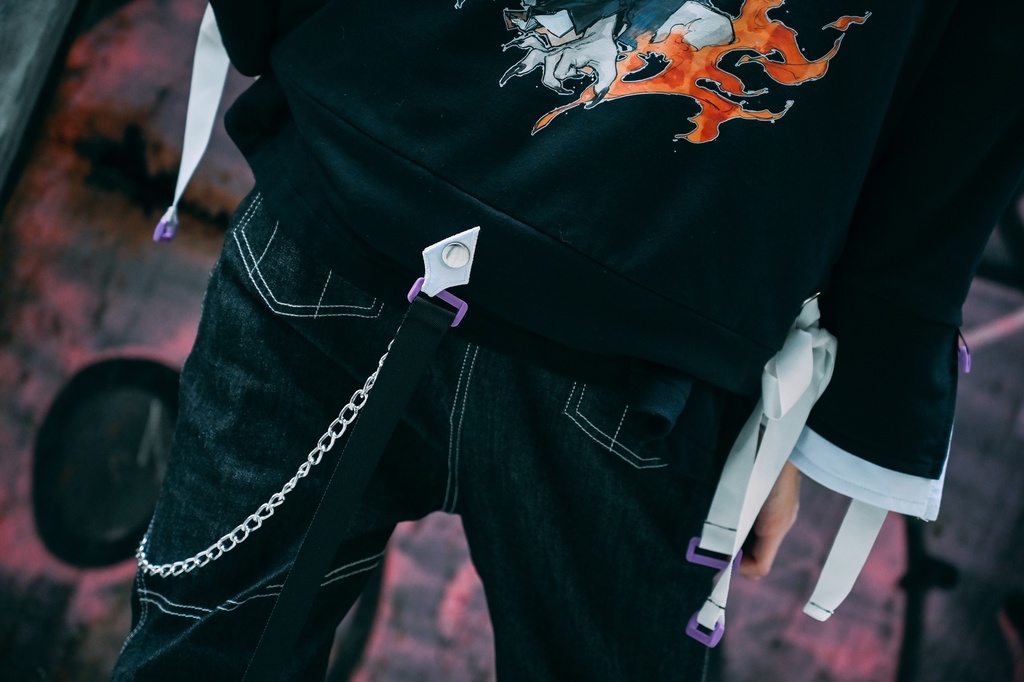 Jillpunk 台湾画師柴染コラボ 東方浮夢録 和洋折衷 妖狐神龍 配色 非対称 メッシュ切替 尻尾付き スウェットパーカー フード付きジャケット オリジナル おしゃれ 男女兼用ファッション秋葉系