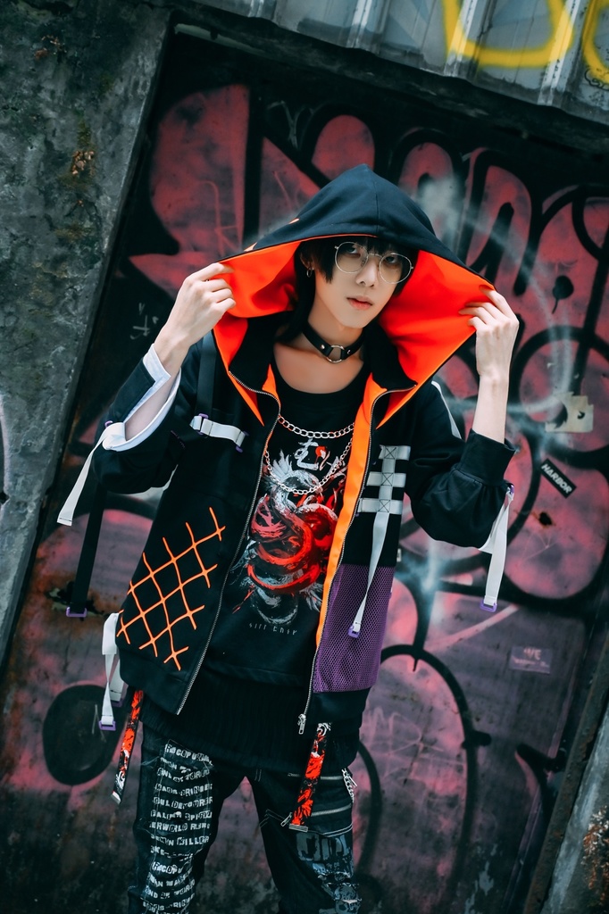 Jillpunk 台湾画師柴染コラボ 東方浮夢録 和洋折衷 妖狐神龍 配色 非対称 メッシュ切替 尻尾付き スウェットパーカー フード付きジャケット オリジナル おしゃれ 男女兼用ファッション秋葉系