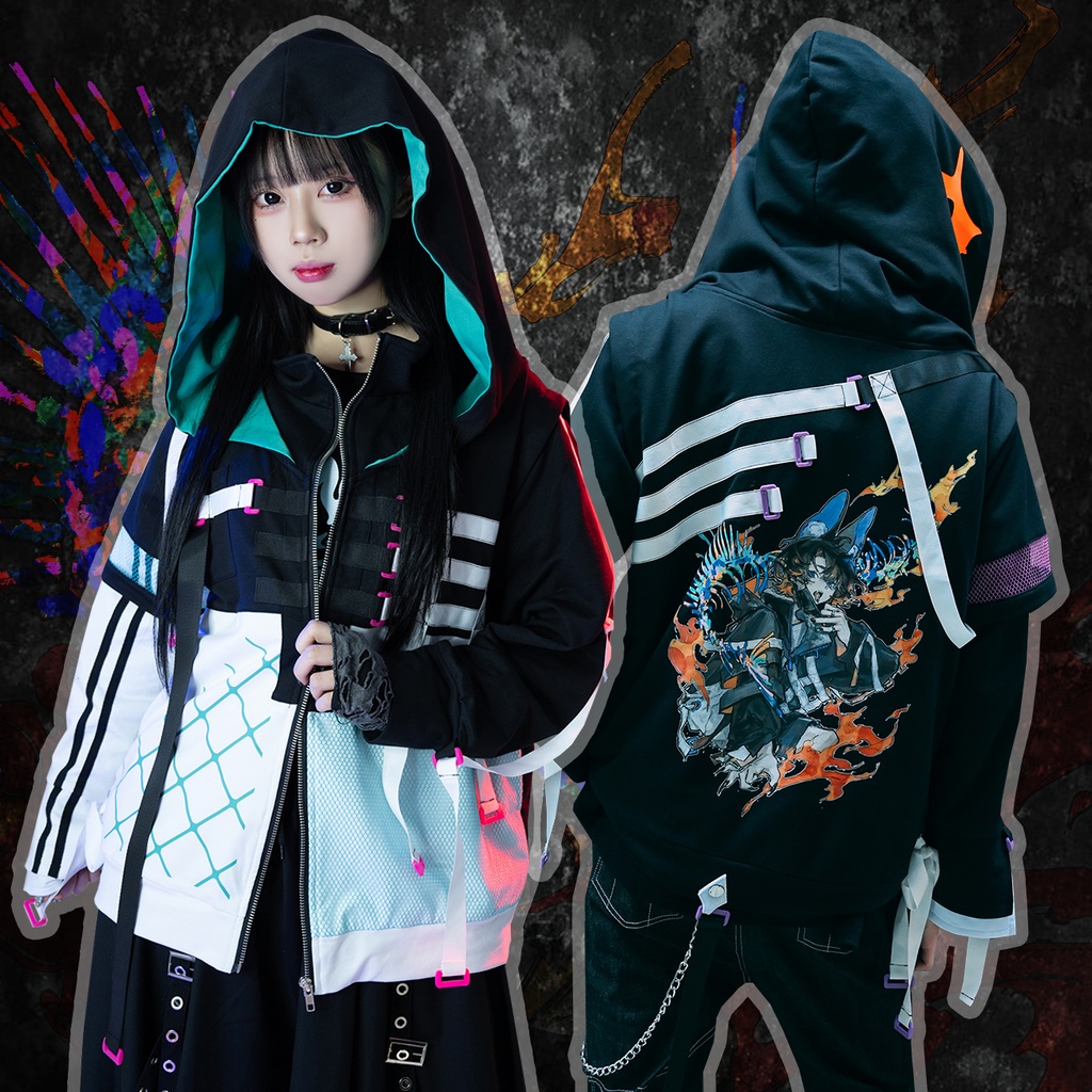 Jillpunk 台湾画師柴染コラボ 東方浮夢録 和洋折衷 妖狐神龍 配色 非対称 メッシュ切替 尻尾付き スウェットパーカー フード付きジャケット オリジナル おしゃれ 男女兼用ファッション秋葉系 