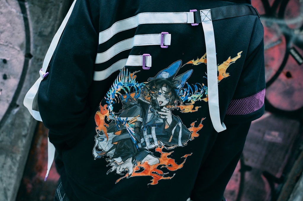 Jillpunk 台湾画師柴染コラボ 東方浮夢録 和洋折衷 妖狐神龍 配色 非対称 メッシュ切替 尻尾付き スウェットパーカー フード付きジャケット オリジナル おしゃれ 男女兼用ファッション秋葉系