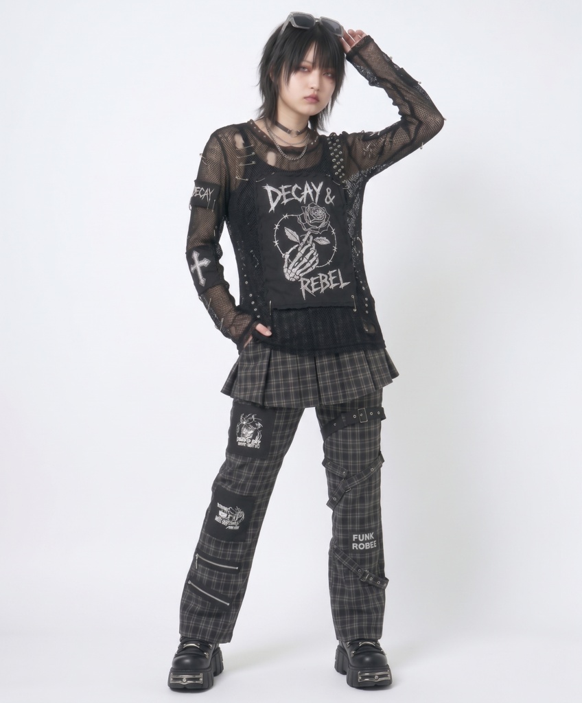 Jillpunkパンクロック カオスブーム ダーク系 ヘヴィメタル バンギャ タータンチェック 鎖チェーン付き プリーツスカートレイヤード ボンデージ・パンツ ロング丈ズボン オリジナル メンズ レディーズ V系 おしゃれ男女兼用カッコいい