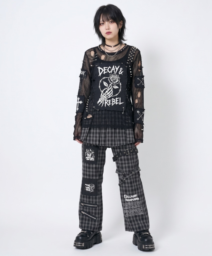 Jillpunkパンクロック カオスブーム ダーク系 ヘヴィメタル バンギャ タータンチェック 鎖チェーン付き プリーツスカートレイヤード ボンデージ・パンツ ロング丈ズボン オリジナル メンズ レディーズ V系 おしゃれ男女兼用カッコいい