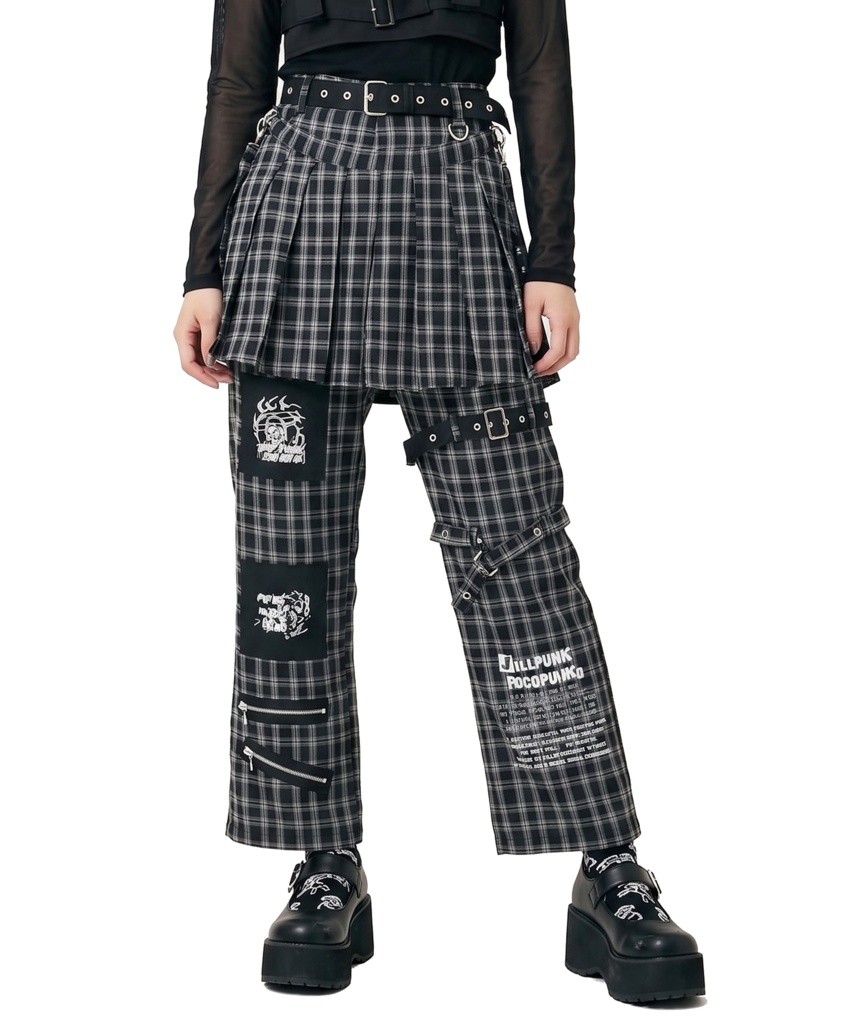 Jillpunkパンクロック カオスブーム ダーク系 ヘヴィメタル バンギャ タータンチェック 鎖チェーン付き プリーツスカートレイヤード ボンデージ・パンツ ロング丈ズボン オリジナル メンズ レディーズ V系 おしゃれ男女兼用カッコいい