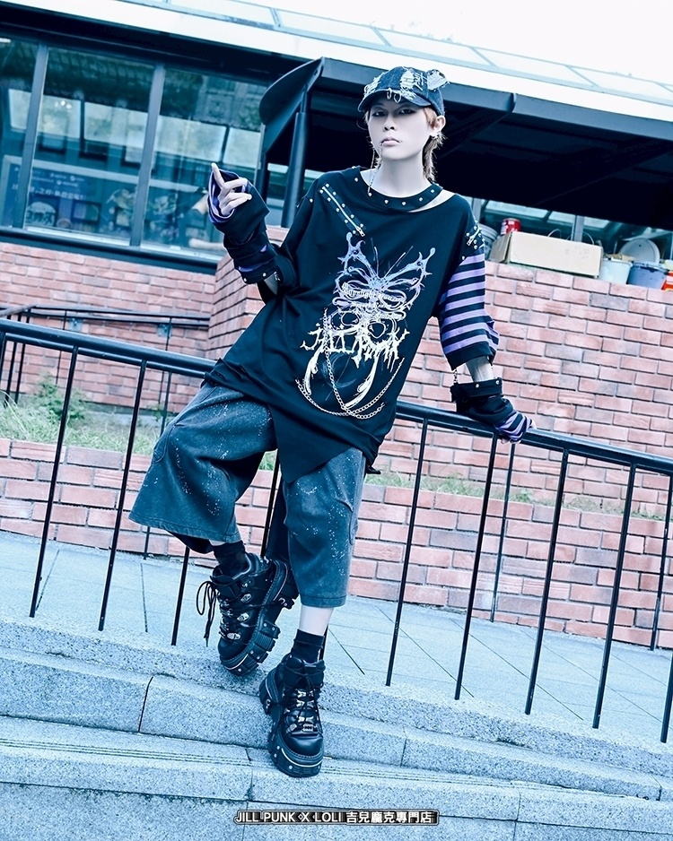Jillpunk ヘヴィメタル パンク妖艶風 縛骨蝶 グラデーション色 ボーダー柄 アームカバー付き ダメージ加工Tシャツ アシンメトリー 半袖カットソー オリジナル メンズ レディーズ クール 存在感 おしゃれ男女兼用