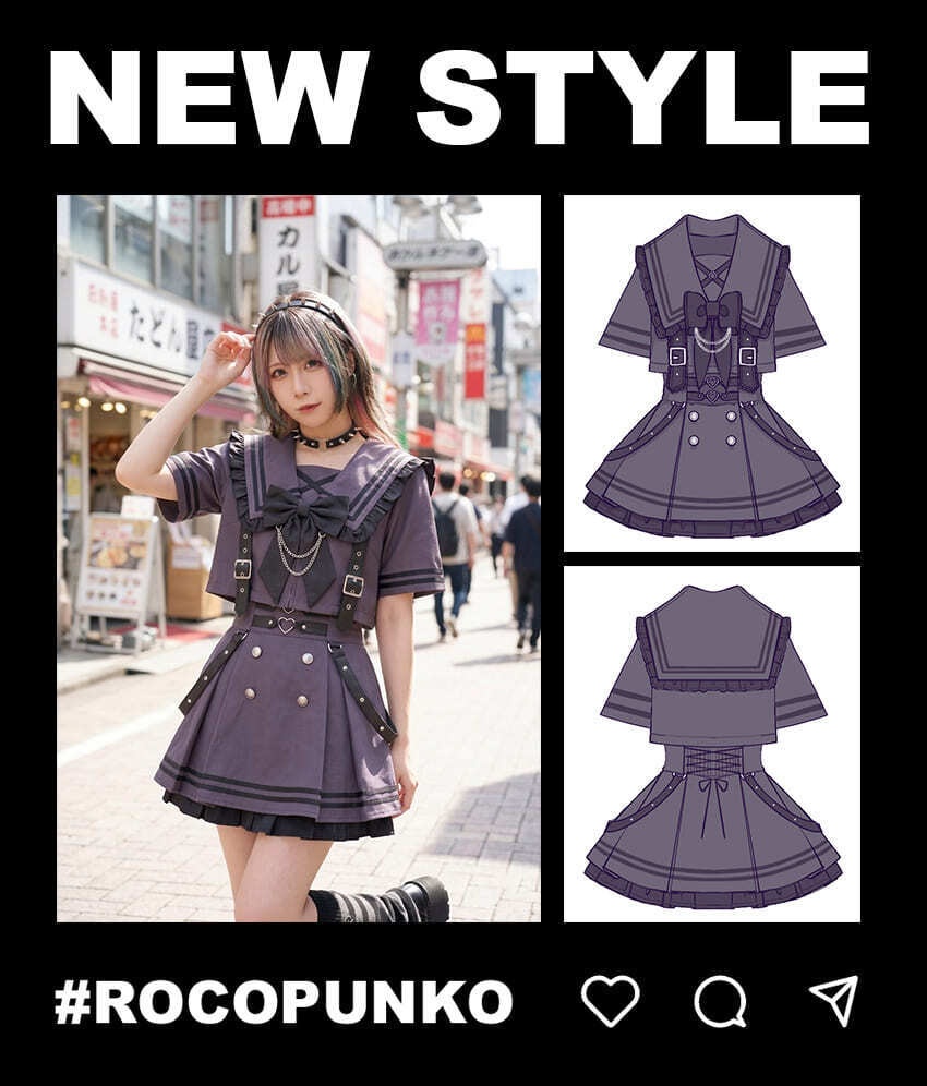 Jillpunk プレッピー ダークガーリー 地雷系 量産型 和洋折衷 ナイトメアスィート 蝶ネクタイ付き ショート丈学院セーラー服 ハイウェストスカート JK制服セット2点 オリジナル レディース 和洋ミックス カッコいい おしゃれ サブカル
