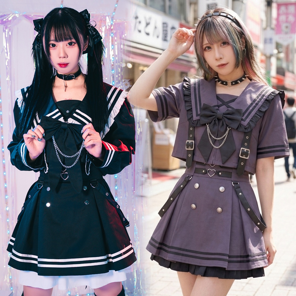 Jillpunk プレッピー ダークガーリー 地雷系 量産型 和洋折衷 ナイトメアスィート 蝶ネクタイ付き ショート丈学院セーラー服 ハイウェストスカート JK制服セット2点 オリジナル レディース 和洋ミックス カッコいい おしゃれ サブカル