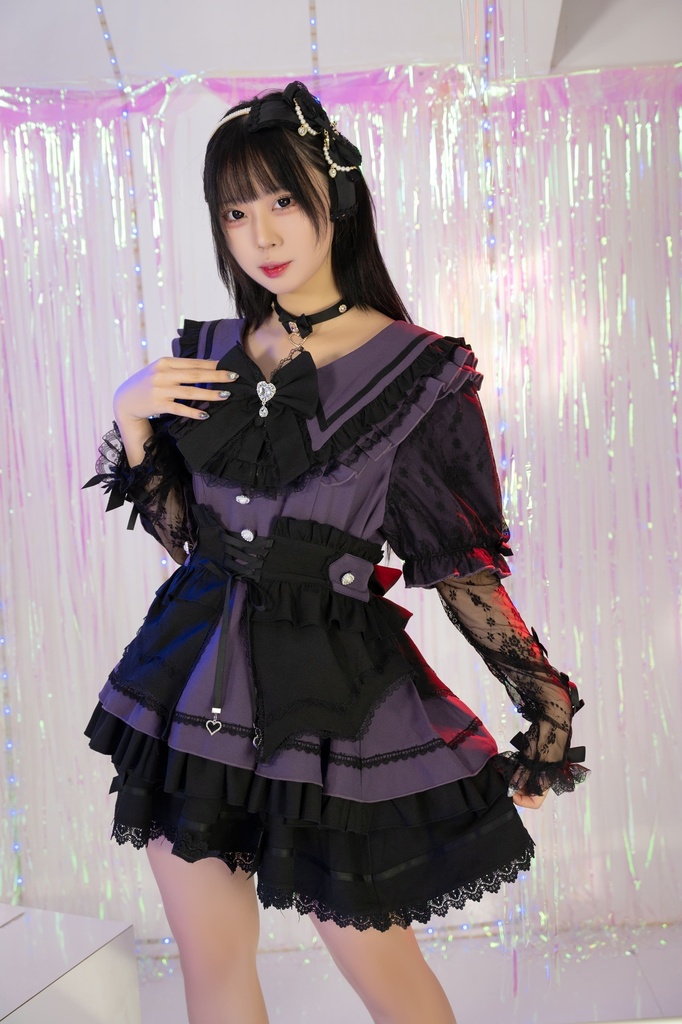 Jillpunk 地雷系 ダーク ゴシックロリータ 姫系 ロマンス小夜曲 蝶ネクタイ付き セーラーカラー フリル半袖ワンピース カクテルドレス ウェストコルセット レース手袋セット3点 オリジナル 可愛い おしゃれ ファッション 秋葉原