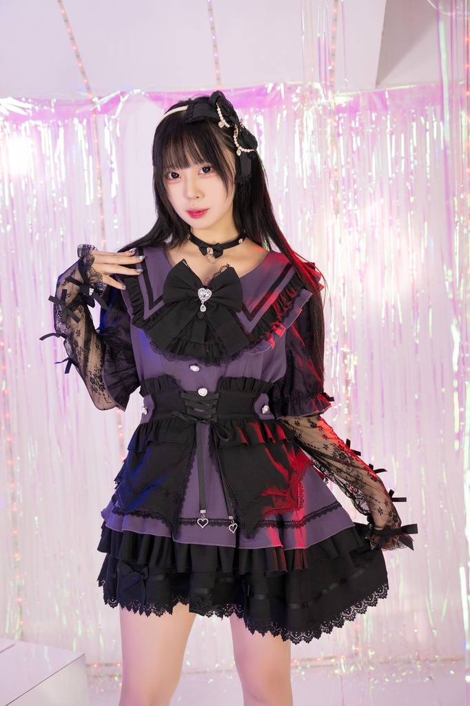 Jillpunk 地雷系 ダーク ゴシックロリータ 姫系 ロマンス小夜曲 蝶ネクタイ付き セーラーカラー フリル半袖ワンピース カクテルドレス ウェストコルセット レース手袋セット3点 オリジナル 可愛い おしゃれ ファッション 秋葉原