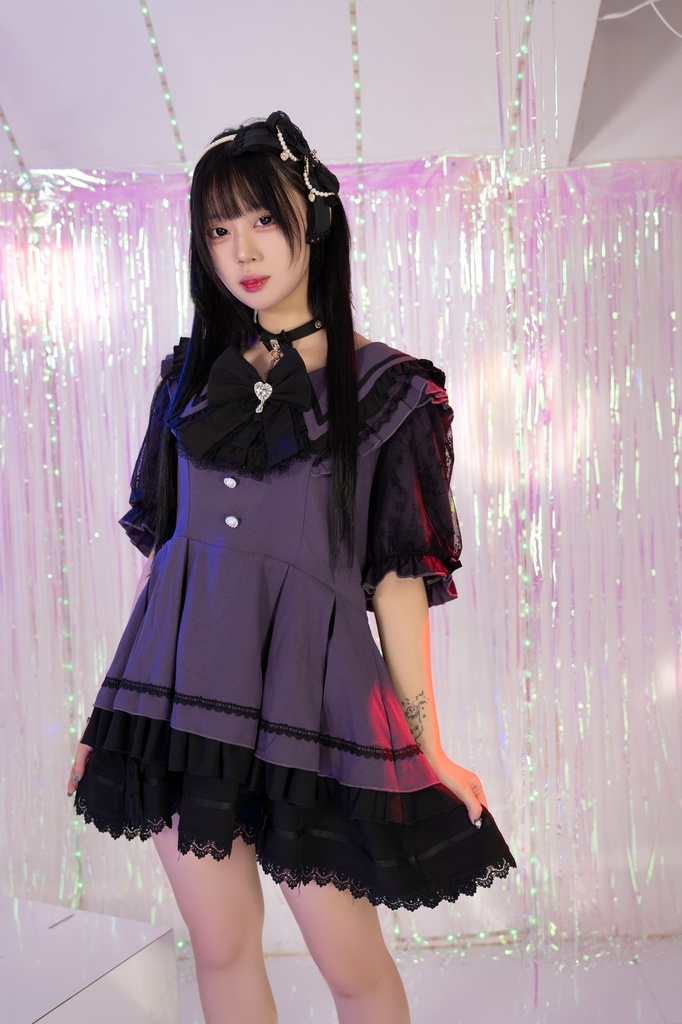 Jillpunk 地雷系 ダーク ゴシックロリータ 姫系 ロマンス小夜曲 蝶ネクタイ付き セーラーカラー フリル半袖ワンピース カクテルドレス ウェストコルセット レース手袋セット3点 オリジナル 可愛い おしゃれ ファッション 秋葉原