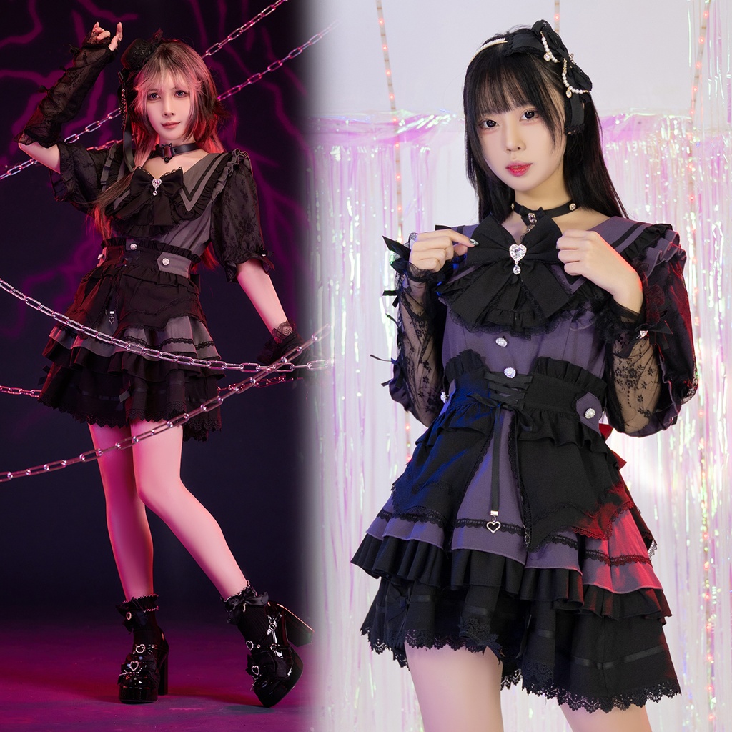 Jillpunk 地雷系 ダーク ゴシックロリータ 姫系 ロマンス小夜曲 蝶ネクタイ付き セーラーカラー フリル半袖ワンピース カクテルドレス ウェストコルセット レース手袋セット３点 オリジナル 可愛い おしゃれ ファッション 秋葉原