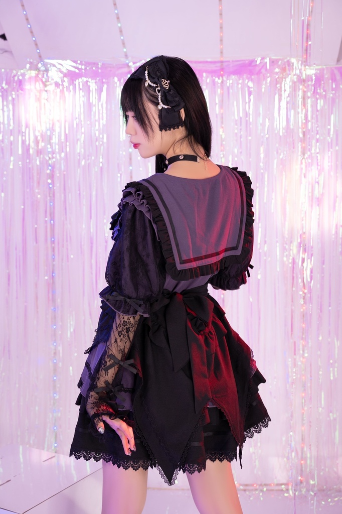 Jillpunk 地雷系 ダーク ゴシックロリータ 姫系 ロマンス小夜曲 蝶ネクタイ付き セーラーカラー フリル半袖ワンピース カクテルドレス ウェストコルセット レース手袋セット3点 オリジナル 可愛い おしゃれ ファッション 秋葉原