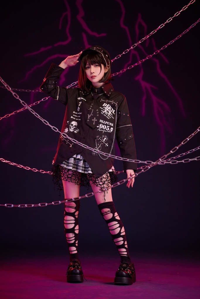 Jillpunk 王道パンク V系 ロック ヘヴィメタル バンギャ 亡霊ポロローグ クロスチャーム チェーンネクタイ付き 取り外し可能な袖 2WAYドレスシャツ メンズ レディーズ おしゃれ男女兼用カッコいい ファッション