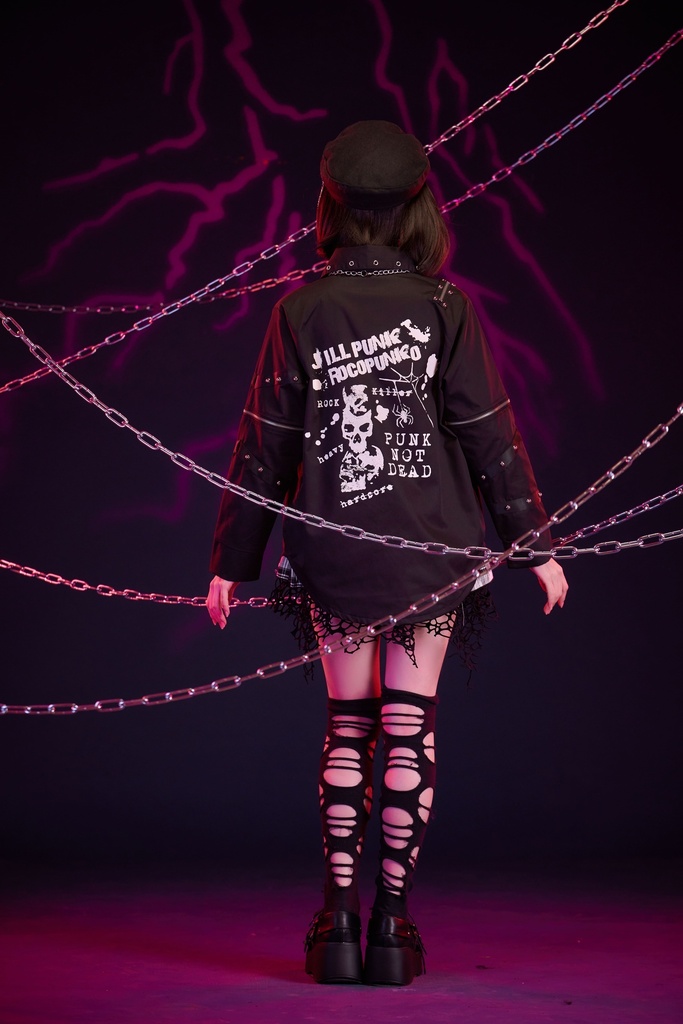 Jillpunk 王道パンク V系 ロック ヘヴィメタル バンギャ 亡霊ポロローグ クロスチャーム チェーンネクタイ付き 取り外し可能な袖 2WAYドレスシャツ メンズ レディーズ おしゃれ男女兼用カッコいい ファッション