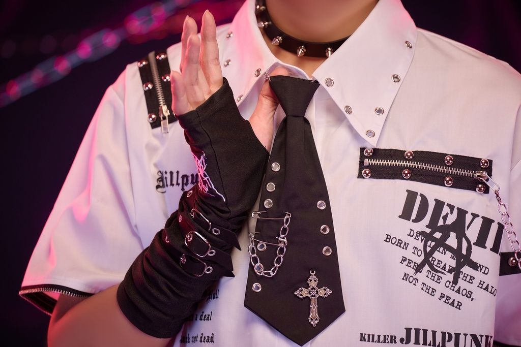 Jillpunk 王道パンク V系 ロック ヘヴィメタル バンギャ 亡霊ポロローグ クロスチャーム チェーンネクタイ付き 取り外し可能な袖 2WAYドレスシャツ メンズ レディーズ おしゃれ男女兼用カッコいい ファッション