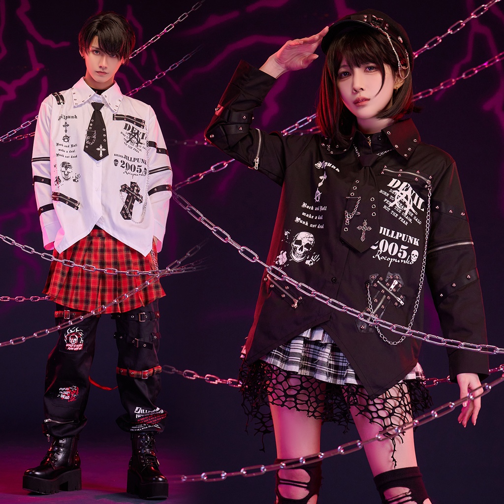 Jillpunk 王道パンク V系 ロック ヘヴィメタル バンギャ 亡霊ポロローグ クロスチャーム チェーンネクタイ付き 取り外し可能な袖 2WAYドレスシャツ メンズ レディーズ おしゃれ男女兼用カッコいい ファッション