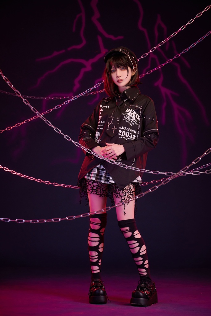 Jillpunk 王道パンク V系 ロック ヘヴィメタル バンギャ 亡霊ポロローグ クロスチャーム チェーンネクタイ付き 取り外し可能な袖 2WAYドレスシャツ メンズ レディーズ おしゃれ男女兼用カッコいい ファッション