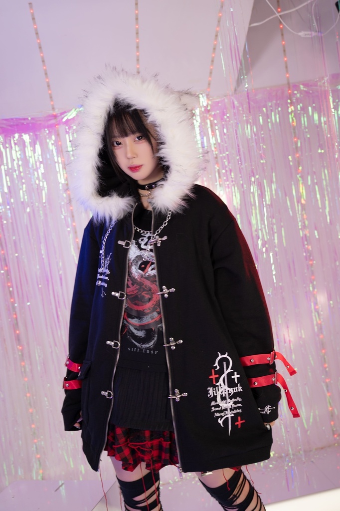 Jillpunkパンクマニッシュ 兄系 バンギャ 星座シリーズ レオ・レゾナンス 獅子座 フェイクファー付き 猫耳 キルティング ファイヤーマンフック ロング丈長袖パーカーコート フード付きジャケット オリジナル メンズ レディー