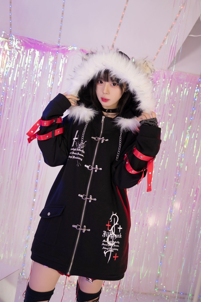 Jillpunkパンクマニッシュ 兄系 バンギャ 星座シリーズ レオ・レゾナンス 獅子座 フェイクファー付き 猫耳 キルティング ファイヤーマンフック ロング丈長袖パーカーコート フード付きジャケット オリジナル メンズ レディー