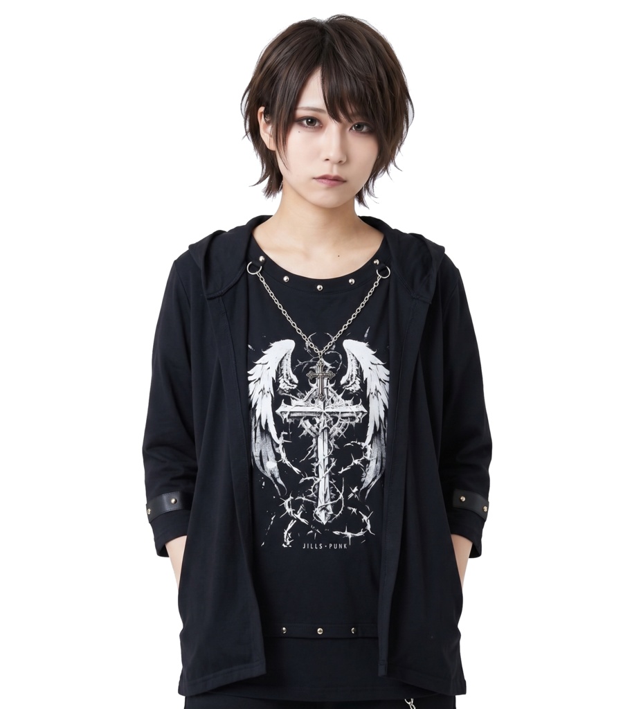 Jillpunkパンク 兄系 バンギャ クロスレクイエム 天使の翼プリント フェイクレイヤード 重ね着風 ネックレッス付き ゆったり八分袖パーカー オリジナル メンズ レディー V系 おしゃれ 男女兼用 ダーク系 ゴシックロック