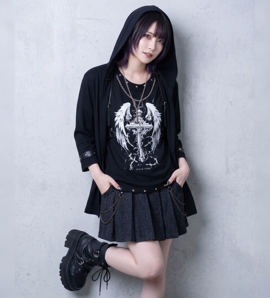 Jillpunkパンク 兄系 バンギャ クロスレクイエム 天使の翼プリント フェイクレイヤード 重ね着風 ネックレッス付き ゆったり八分袖パーカー オリジナル メンズ レディー V系 おしゃれ 男女兼用 ダーク系 ゴシックロック