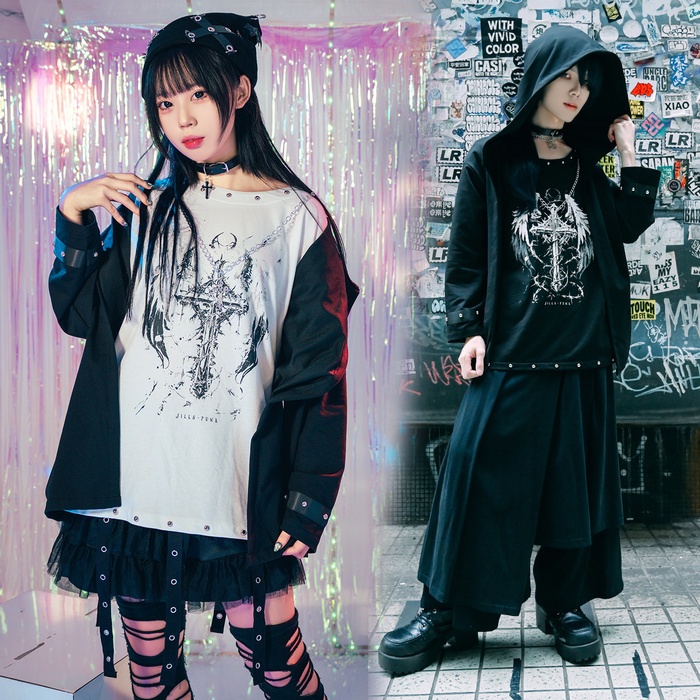 Jillpunkパンク 兄系 バンギャ クロスレクイエム 天使の翼プリント フェイクレイヤード 重ね着風 ネックレッス付き ゆったり八分袖パーカー オリジナル メンズ レディー V系 おしゃれ 男女兼用 ダーク系 ゴシックロック 